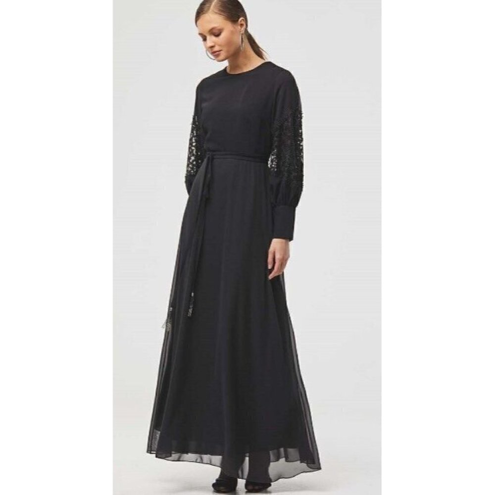 New Kayra KYR Black Layered Belted Maxi Dress Womens 38 Lace Long Sleeves